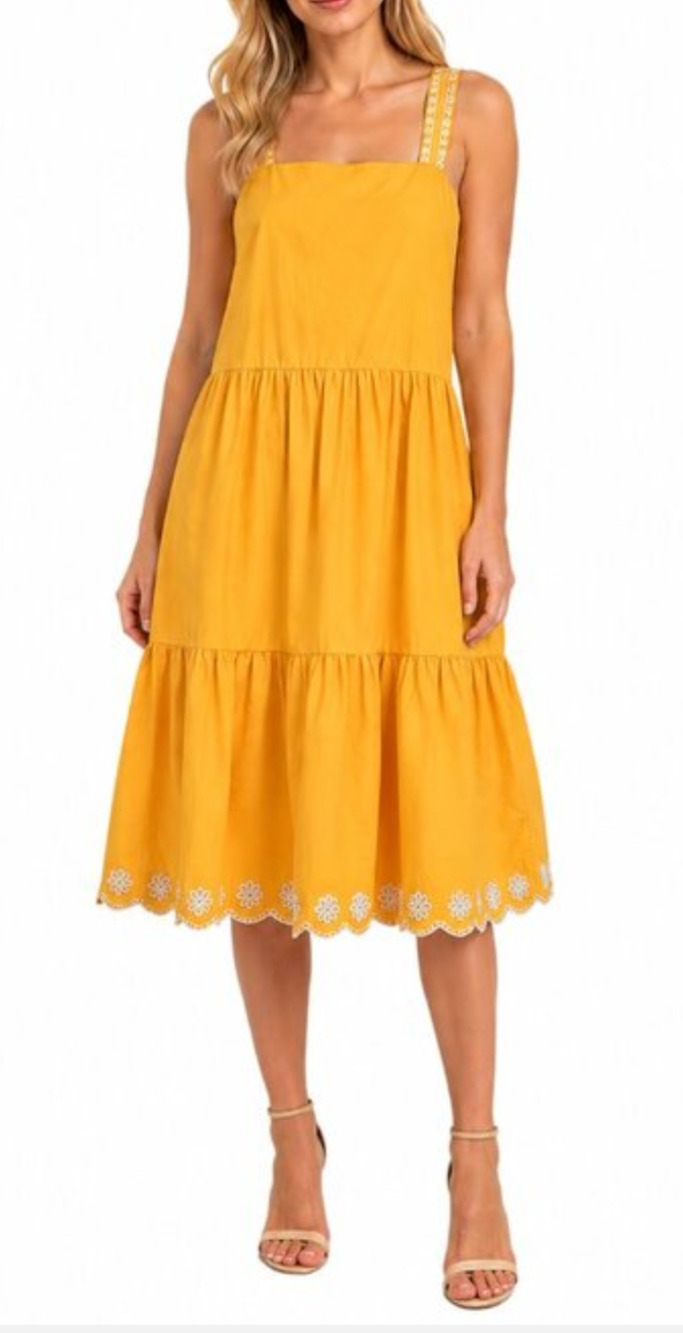 J.crew yellow tiered eyelet lace embroidered midi dress Sz 2 Boho Retro Cottage